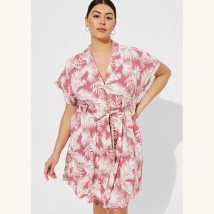 Torrid Pink Palm Print Rayon Slub Button-Front Collared Dress